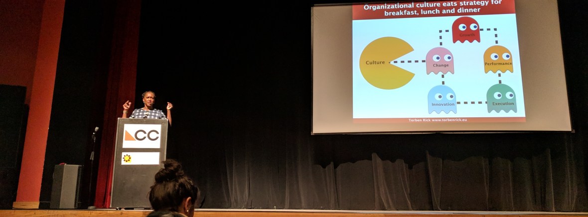 Dr. Heidelberg with projection of Pacman illustration with title "Organizational culture east strategy for breakfast, lunch and dinner"